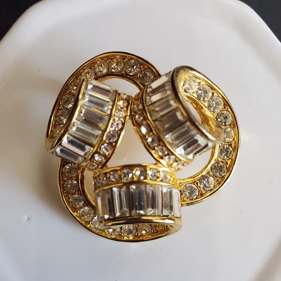 Triple Coil Brooch Gold Tone with Baguette and Round Rhinestones Bling Statement - Picture 10 of 10
